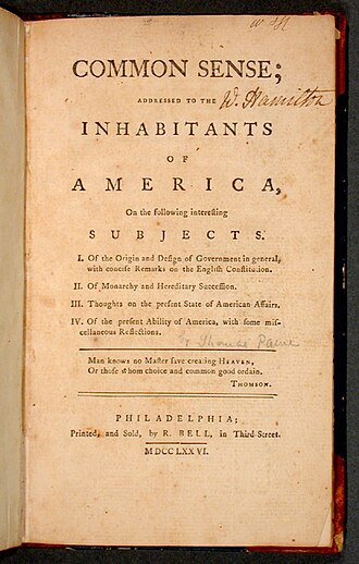 Cover of the Common Sense pamphlet, 1776
